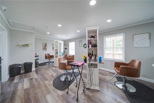 334 Glenn Abby Ln, Pendergrass, GA 30567 - recreation room with plenty of natural light, wood finished floors, crown molding, baseboards, and recessed lighting