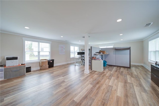 334 Glenn Abby Ln, Pendergrass, GA 30567 - unfurnished living room with crown molding, a desk, light wood finished floors, baseboards, and recessed lighting