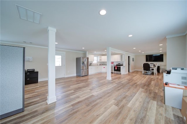 334 Glenn Abby Ln, Pendergrass, GA 30567 - unfurnished living room with crown molding, ornate columns, recessed lighting, light wood-style flooring, and baseboards