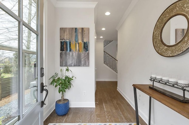 doorway to outside with stairway, recessed lighting, wood finished floors, and baseboards