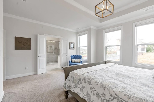 bedroom featuring carpet floors, visible vents, ornamental molding, and multiple windows