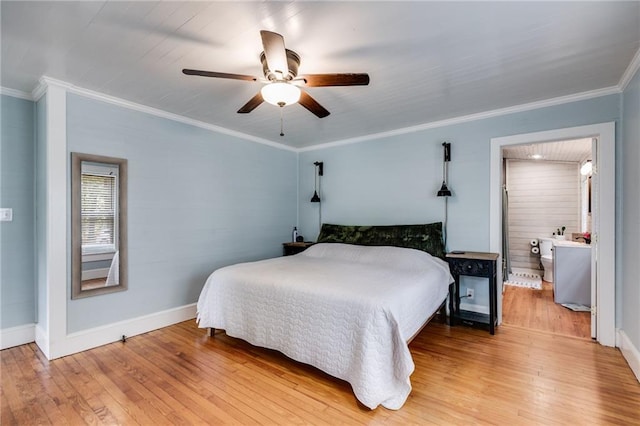 bedroom with ceiling fan, ornamental molding, and light hardwood / wood-style floors