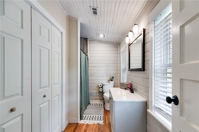 bathroom with wood-type flooring, vanity, a wealth of natural light, and toilet