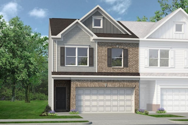 view of front facade with an attached garage, brick siding, and board and batten siding