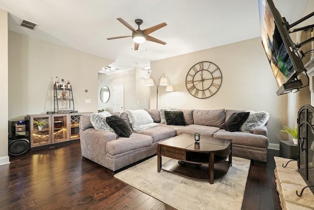 48 Ironwood Ct, Dallas, GA 30132 - living area featuring a ceiling fan, wood-type flooring, visible vents, and baseboards