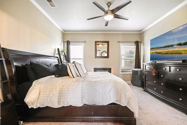 48 Ironwood Ct, Dallas, GA 30132 - bedroom featuring ceiling fan, visible vents, ornamental molding, and light colored carpet