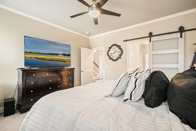 48 Ironwood Ct, Dallas, GA 30132 - carpeted bedroom featuring a ceiling fan, crown molding, and a barn door