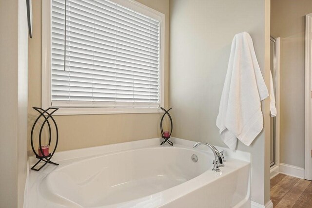 48 Ironwood Ct, Dallas, GA 30132 - bathroom with wood finished floors, a garden tub, and a shower stall