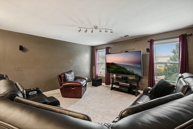 48 Ironwood Ct, Dallas, GA 30132 - living area featuring rail lighting, baseboards, visible vents, and carpet flooring