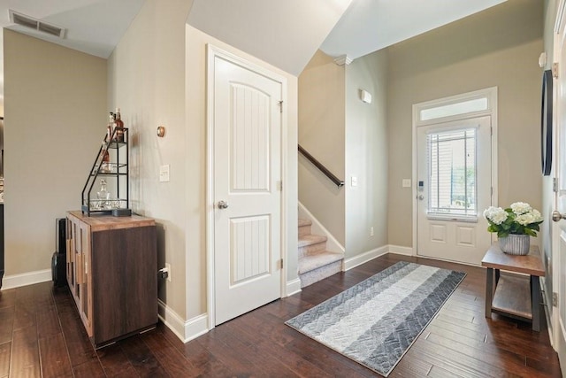 48 Ironwood Ct, Dallas, GA 30132 - entryway with stairway, dark wood-style flooring, visible vents, and baseboards