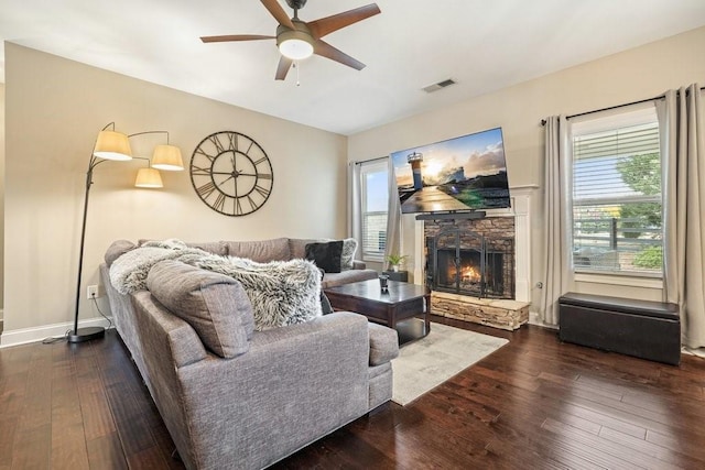 48 Ironwood Ct, Dallas, GA 30132 - living area featuring a healthy amount of sunlight, visible vents, hardwood / wood-style floors, and a stone fireplace