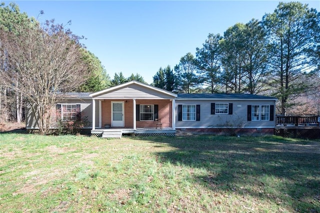 ranch-style home featuring a front lawn, crawl space, and a porch