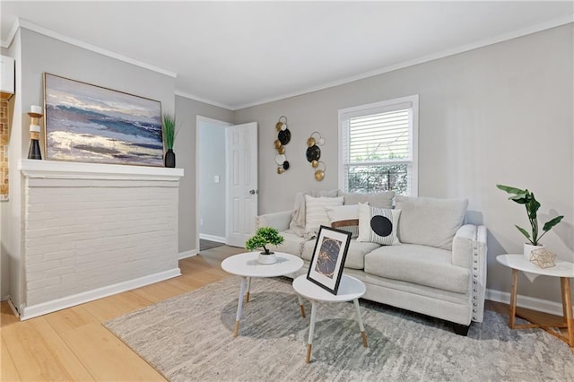 living room with ornamental molding and light wood-type flooring