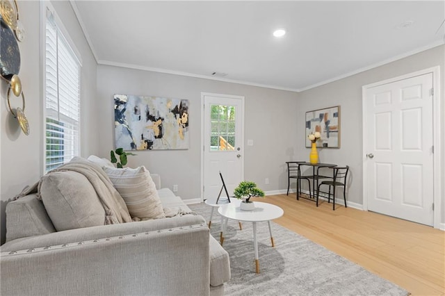 living room with ornamental molding and wood-type flooring