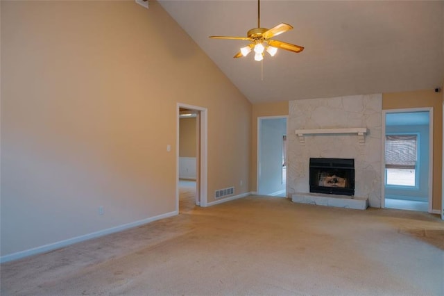 110 Fox Meadow Dr, Covington, GA 30016 - unfurnished living room with carpet, a fireplace, ceiling fan, baseboards, and high vaulted ceiling