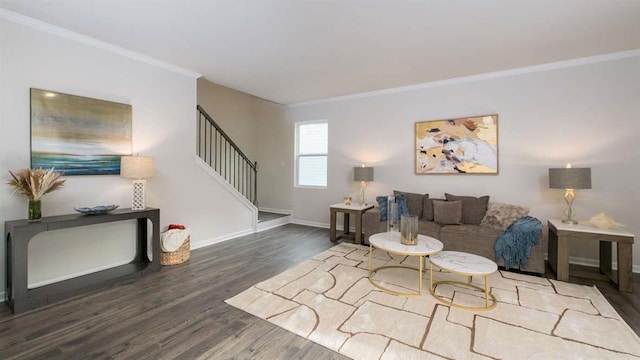 living room featuring ornamental molding and hardwood / wood-style floors