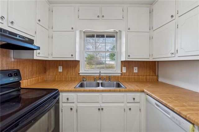 kitchen featuring white cabinetry, a sink, black range with electric cooktop, dishwasher, and under cabinet range hood