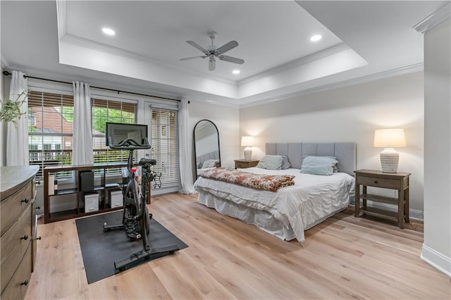 3636 Habersham Rd NW Unit 2101, Atlanta, GA 30305 - bedroom with a raised ceiling, crown molding, light wood finished floors, ceiling fan, and recessed lighting