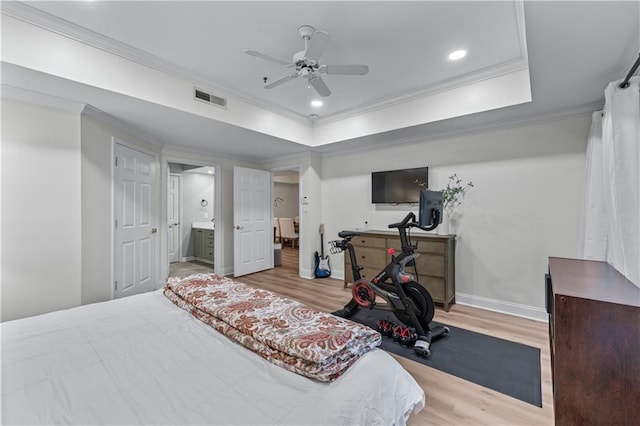 3636 Habersham Rd NW Unit 2101, Atlanta, GA 30305 - bedroom featuring wood finished floors, ornamental molding, ceiling fan, recessed lighting, and ensuite bathroom