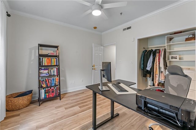 3636 Habersham Rd NW Unit 2101, Atlanta, GA 30305 - home office featuring ornamental molding, light wood-type flooring, and a ceiling fan