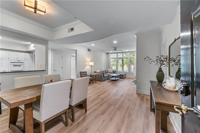 3636 Habersham Rd NW Unit 2101, Atlanta, GA 30305 - dining space with ornamental molding, ceiling fan, light wood-style floors, and recessed lighting