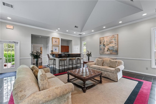 3636 Habersham Rd NW Unit 2101, Atlanta, GA 30305 - living room with recessed lighting, ornamental molding, and lofted ceiling