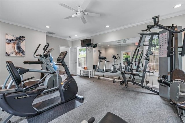 3636 Habersham Rd NW Unit 2101, Atlanta, GA 30305 - workout area featuring a ceiling fan, recessed lighting, and ornamental molding