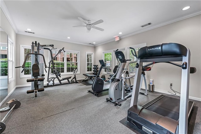 3636 Habersham Rd NW Unit 2101, Atlanta, GA 30305 - workout area featuring ceiling fan, crown molding, plenty of natural light, and recessed lighting