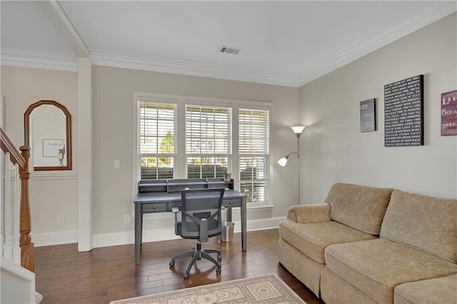 office area with dark wood-style floors, visible vents, baseboards, and ornamental molding