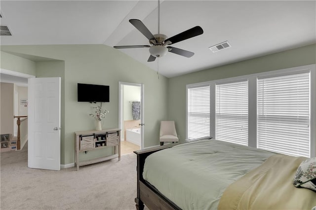 bedroom with a ceiling fan, baseboards, visible vents, vaulted ceiling, and light carpet