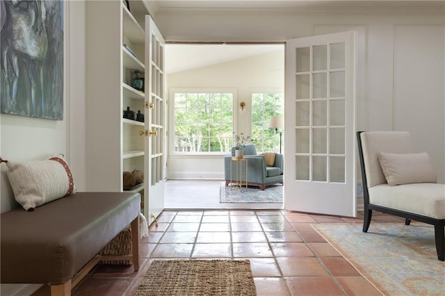 living area with vaulted ceiling