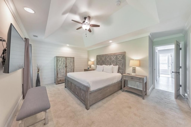 4230 Old Cherokee St, Acworth, GA 30101 - bedroom featuring a tray ceiling, light colored carpet, crown molding, recessed lighting, and ceiling fan