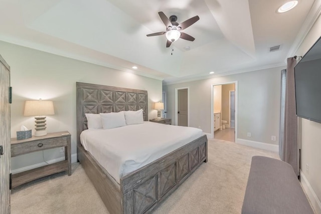 4230 Old Cherokee St, Acworth, GA 30101 - bedroom with a raised ceiling, light colored carpet, recessed lighting, ensuite bathroom, and ornamental molding