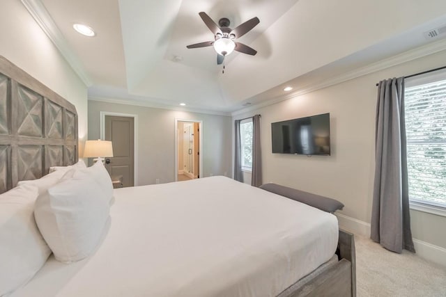 4230 Old Cherokee St, Acworth, GA 30101 - bedroom featuring a raised ceiling, light carpet, crown molding, recessed lighting, and connected bathroom
