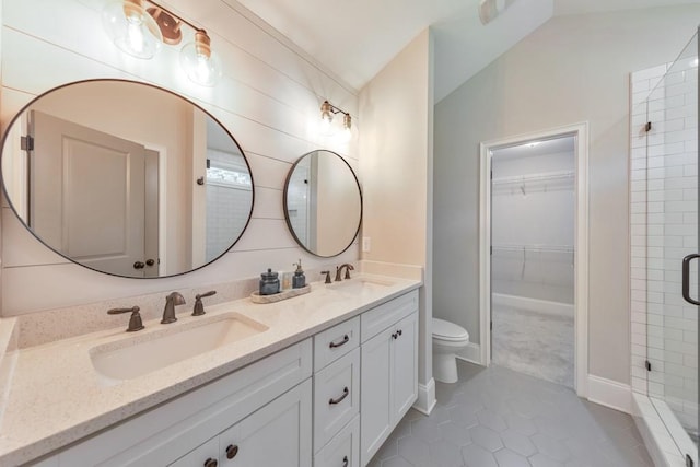 4230 Old Cherokee St, Acworth, GA 30101 - full bath with a stall shower, double vanity, a walk in closet, tile patterned flooring, and lofted ceiling