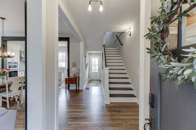 entryway featuring dark hardwood / wood-style flooring, a notable chandelier, and sink