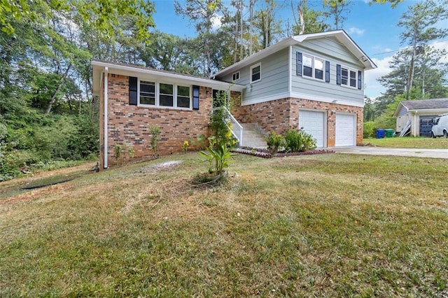 tri-level home featuring a garage and a front lawn