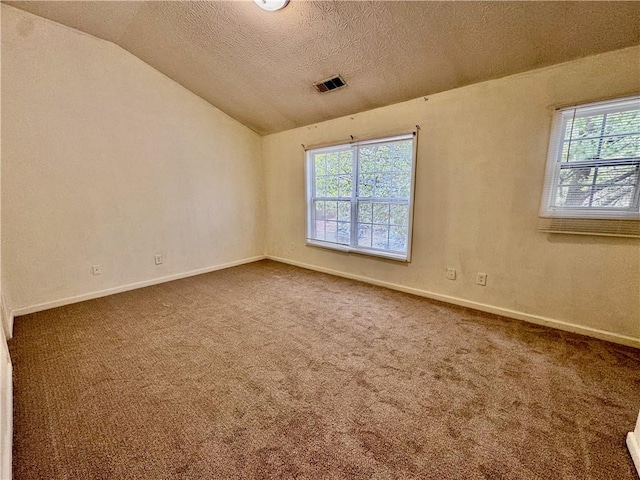 carpeted spare room with a textured ceiling, vaulted ceiling, and plenty of natural light