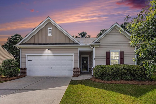 23 Stable Gate Dr, Cartersville, GA 30120 - view of front of property with board and batten siding, brick siding, driveway, a garage, and a front yard