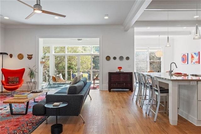 1601 Marlbrook Dr NE, Atlanta, GA 30307 - living area featuring ceiling fan, light wood-style floors, crown molding, and recessed lighting