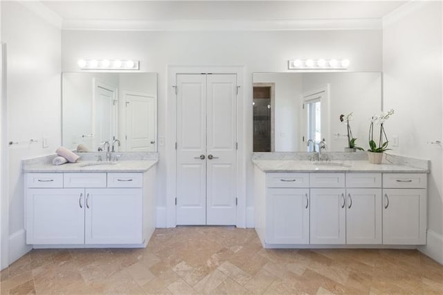 1601 Marlbrook Dr NE, Atlanta, GA 30307 - bathroom with crown molding, two vanities, and a stall shower