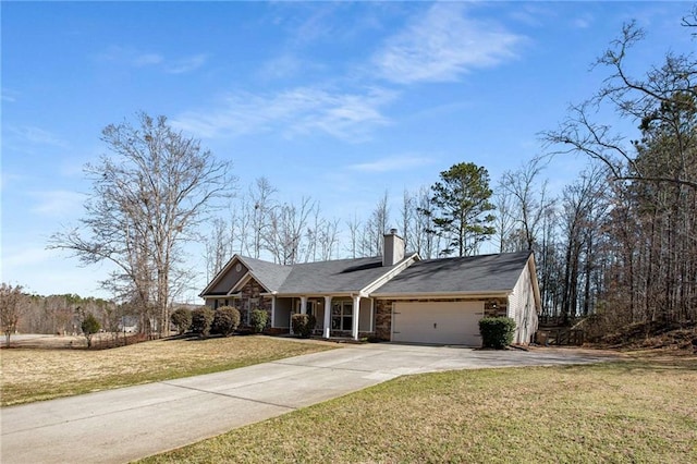 view of front facade featuring a front lawn, concrete driveway, an attached garage, and a chimney