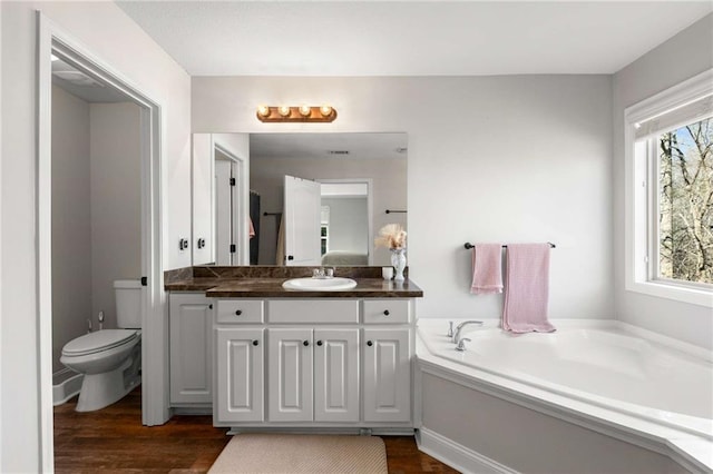 bathroom featuring wood finished floors, toilet, a bath, and vanity