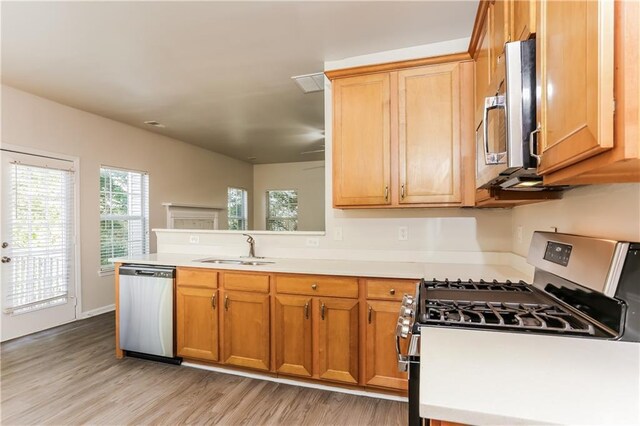 kitchen with light wood-type flooring, stainless steel appliances, and sink