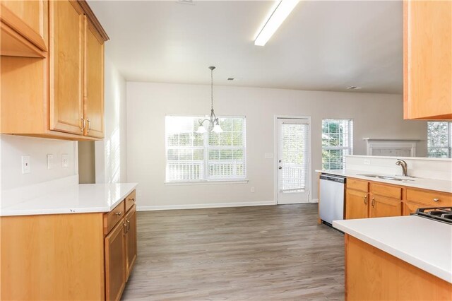 kitchen featuring sink, stainless steel dishwasher, hardwood / wood-style flooring, decorative light fixtures, and a chandelier