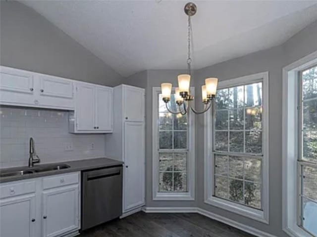 6030 Creekside Dr, Columbus, GA 31907 - kitchen featuring an inviting chandelier, dark wood-style flooring, white cabinetry, a sink, and dishwasher