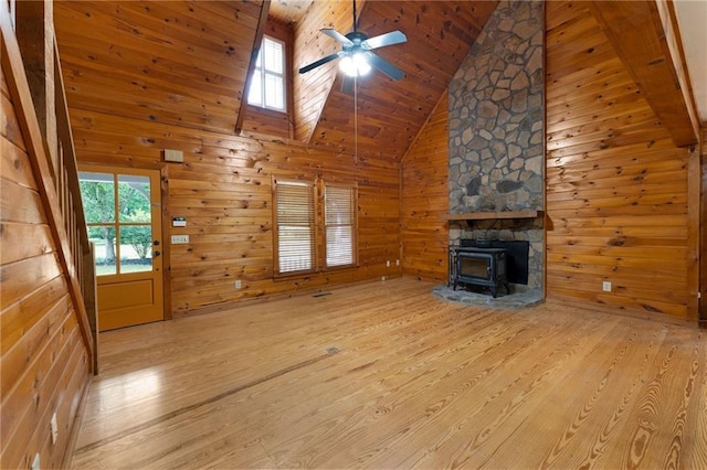 442 Cartecay River Run, Ellijay, GA 30536 - unfurnished living room with wood finished floors, a wood stove, wood ceiling, a ceiling fan, and wood walls