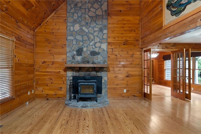 442 Cartecay River Run, Ellijay, GA 30536 - unfurnished living room featuring wood walls, wood finished floors, french doors, wooden ceiling, and high vaulted ceiling