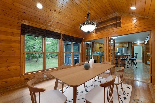 442 Cartecay River Run, Ellijay, GA 30536 - dining space with wood ceiling, lofted ceiling, wood walls, and light wood-style floors