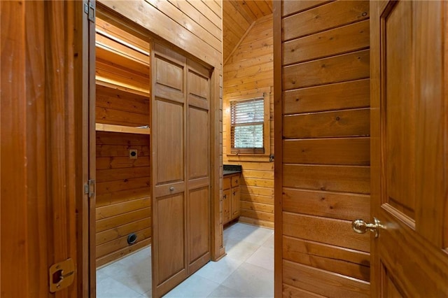 442 Cartecay River Run, Ellijay, GA 30536 - corridor with wood walls, wooden ceiling, and light flooring